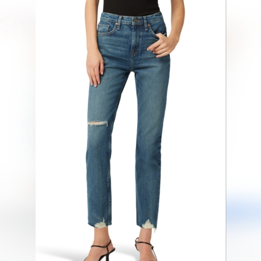 Hudson Holly High Rise Straight Leg Jeans Distressed Hem Stretch Denim Blue 27
